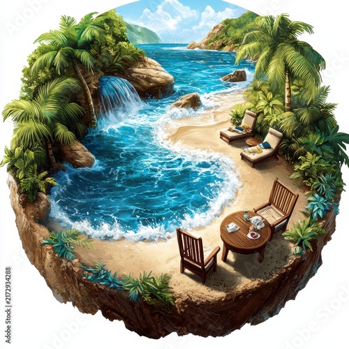 Tropical Paradise Island Beach with Waterfall and Lounge Chairs Illustration