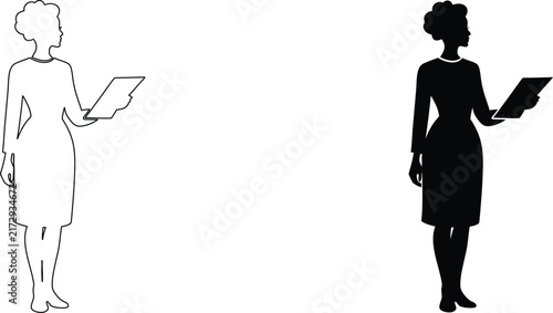 Businesswoman holding folder line drawing and solid silhouette vectors for document organization and presentation design.