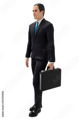 Figura maschile in abito formale con valigetta, resa in stile 3D. Ideale per concetti di business, carriera, professionalità, leadership e ambiente corporate moderno.