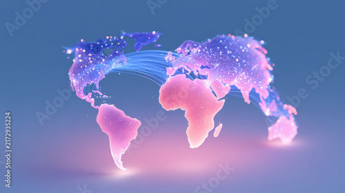 Glowing digital world map, vibrant colors illustrating global connectivity, perfect for tech and innovation themes.