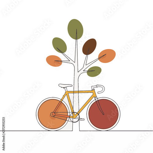 Bicycle leaning against a stylized tree in autumn