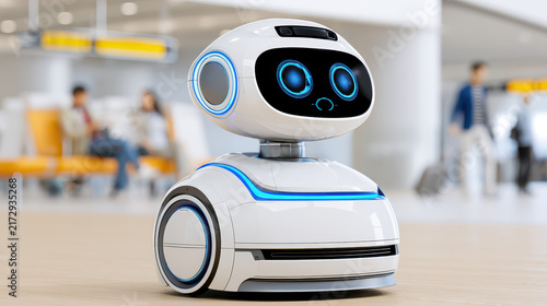 Friendly robot assistant in modern airport, designed to help travelers with information and navigation, perfect for tech-savvy environments.