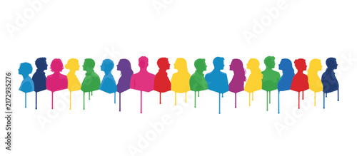 Row of colorful dripping silhouette heads, fashion show concept