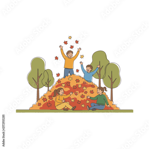 Children playing in pile of autumn leaves, line art illustration