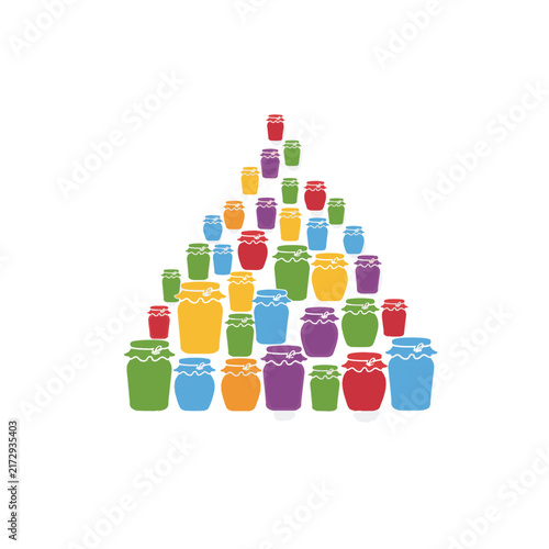 Colorful homemade apple jam jars arranged in a pyramid