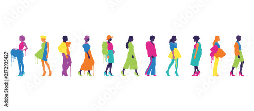 Fashion models in designer outfits posing colorful vector art