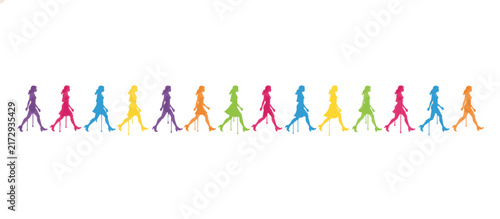 Models walking catwalk in colorful silhouette vector illustration