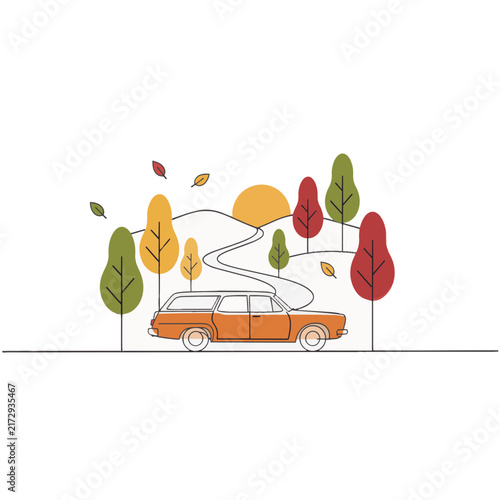 Car on a road trip through autumn forest with sun vector illustration