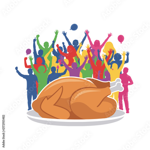 Roasted turkey on platter with cheering crowd vector illustration