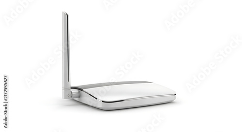 Obraz na płótnie A white wireless internet router with a single antenna isolated on a white background with stands isolated