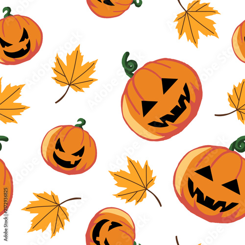 Halloween Pumpkin Jack-O'-Lantern Seamless Pattern With Autumn Leaves And Spooky Faces