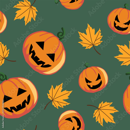 Halloween Pumpkin Jack-O'-Lantern Seamless Pattern With Autumn Leaves And Spooky Faces