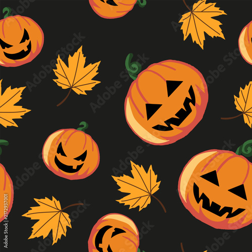 Halloween Pumpkin Jack-O'-Lantern Seamless Pattern With Autumn Leaves And Spooky Faces