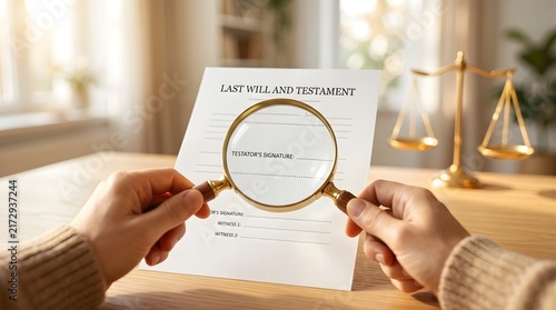 Hands holding magnifying glass over last will and testament document