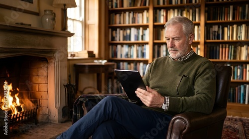 Mature man reading digital tablet in a cozy library by the fireplace