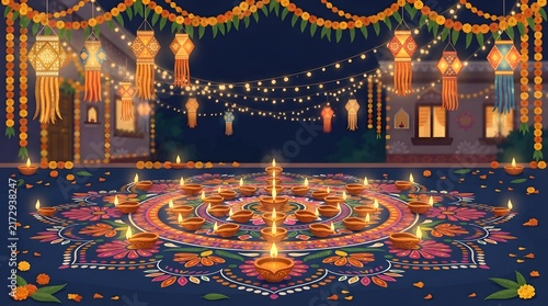 Diwali festival background with traditional diya lamps and rangoli