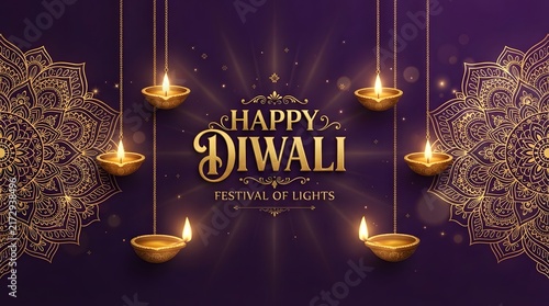 Happy diwali festival of lights with hanging diyas