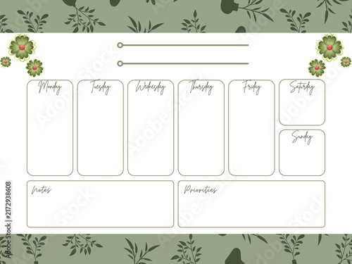 Fotografía Weekly planner with floral border notes and priorities section