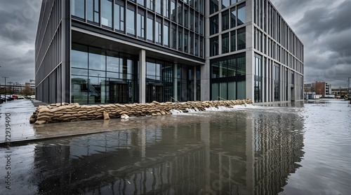 Sandbags protecting a modern office building during a flash flood event