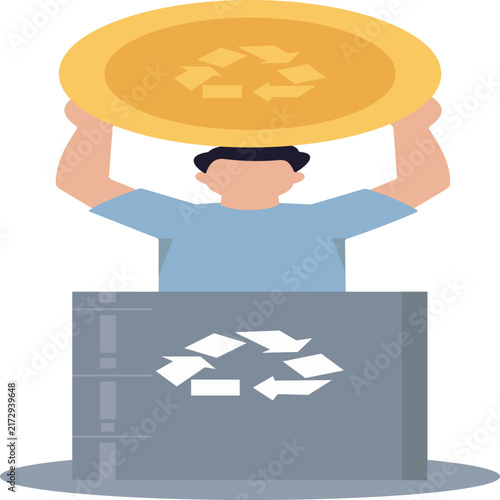 Man Holding Pound Coin Above Industrial Recycling Container Vector