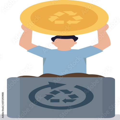 Man Holding Giant Pound Coin Standing on Recycling Bin Concept Vector
