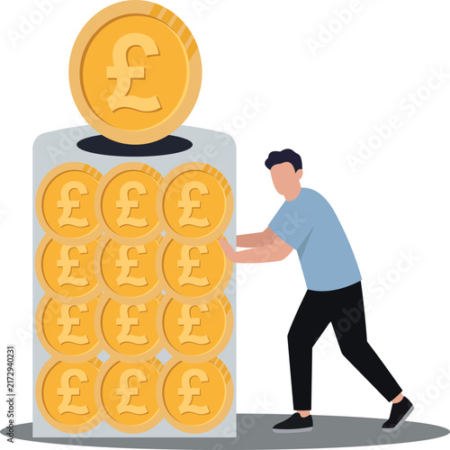 Man Pushing Stack of Pound Currency Coins Financial Growth Concept Vector
