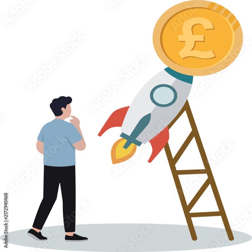 Man Climbing Ladder Toward Startup Rocket Launch Pound Concept Vector