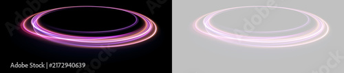 Curved neon light trails form overlapping elliptical rings against a pitch-black background. Soft glows and streaks in pink, purple, and orange create a dynamic luminous effect.
