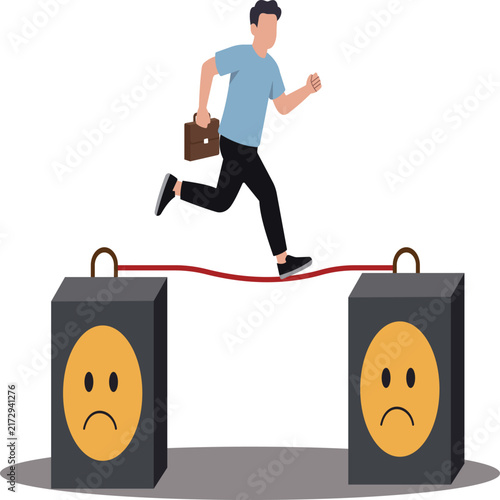 Man Crossing Rope Bridge Over Negative Emoji Blocks Concept Vector