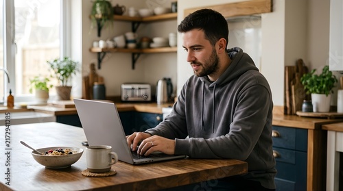 Young man working on laptop in a kitchen at home during breakfast