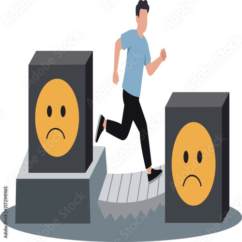 Man Running Over Negative Emoji Blocks Obstacle Course Concept Vector