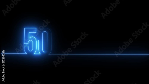 Glowing blue neon number fifty formed by a continuous light line on a black background