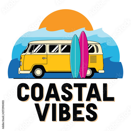 Vintage Van and Surfboard Coastal Adventure Illustration.