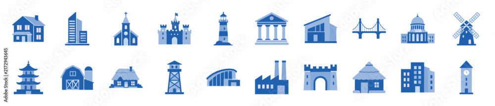 Fototapeta premium Set of various building and structure icons in a flat two-tone blue style, featuring a house, castle, church, factory, lighthouse, pagoda, and windmill