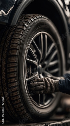 Close-up of a car tire and alloy wheel being handled by a gloved hand, showing tread pattern and rim detail in a garage/service setting.