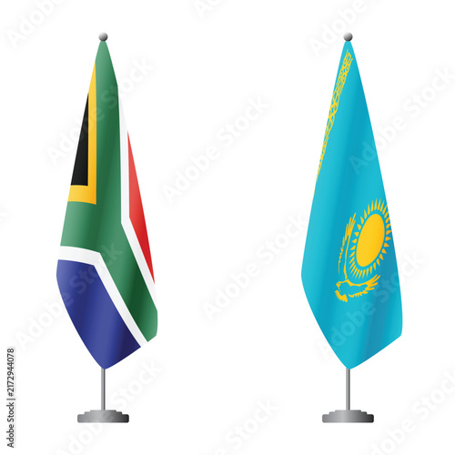 South Africa and Kazakhstan flags on flagpoles for official ceremonies and meetings, transparent background vector