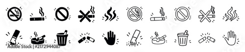 Set of hand-drawn smoking and no smoking icons in glyph and outline styles showing prohibition, cigarettes, ashtrays, and smoke for public area signage