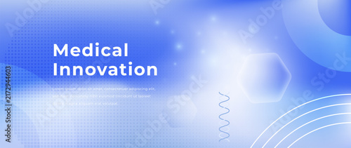 Medical innovation blue gradient background. Glowing scientific elements, molecular and DNA shapes. Modern healthcare technology backdrop for biomedical research, medical presentations, digital health
