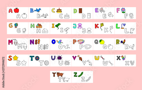 Educational preschool book coloring and learning Alphabet with character vector illustration set