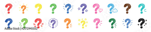 Collection of colorful hand-drawn question marks in a crayon sketch style, featuring various doodles like stars and hearts to represent curiosity, problems, and ideas