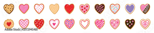Collection of colorful heart-shaped cookies with various icing designs and sprinkles, illustrated in a cute, hand-drawn style for Valentine's Day celebrations and romantic themes