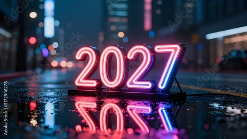 Multicolored 2027 neon sign reflecting in puddles on a dark city street.