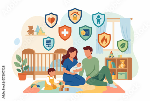 New parents with baby in nursery with insurance protection shields