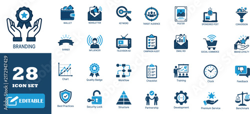 Branding icon set featuring blue marketing elements for business strategy tools.