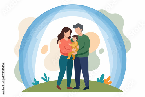 Family Protection Concept with Parents and Baby Under a Safety Shield