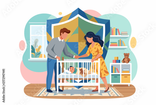 Insurance and protection concept with new parents and baby in nursery
