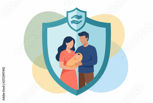 Family Protection Insurance Concept with Shield and New Parents