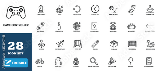 Game controller and childhood toys thin line icon pack in outline style.