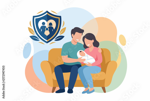 New parents cradling a newborn baby with family protection shield