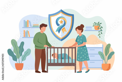 New parents and baby in nursery with protective shield insurance concept